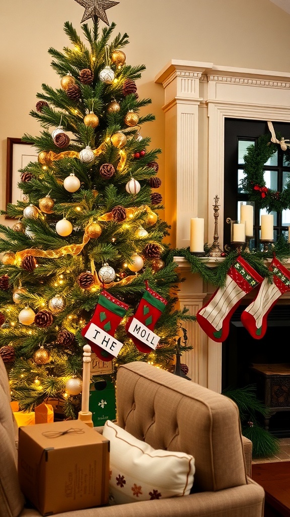 A cozy living room with a decorated Christmas tree, stockings on the mantel, and a wreath on the door.